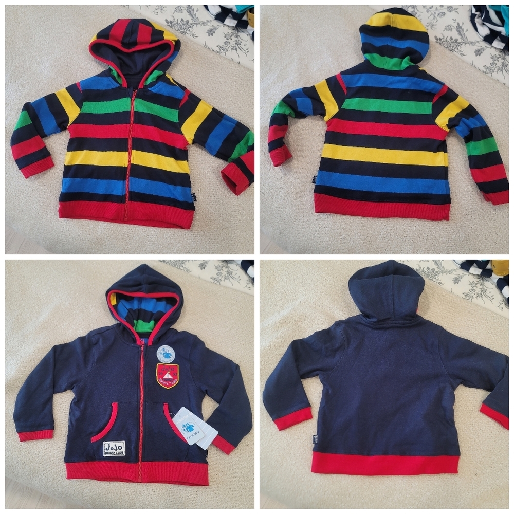 New JOJO MAMAN BÉBÉ Reversible Hoodie Multi Stripe And Solid Size 18-24 Months